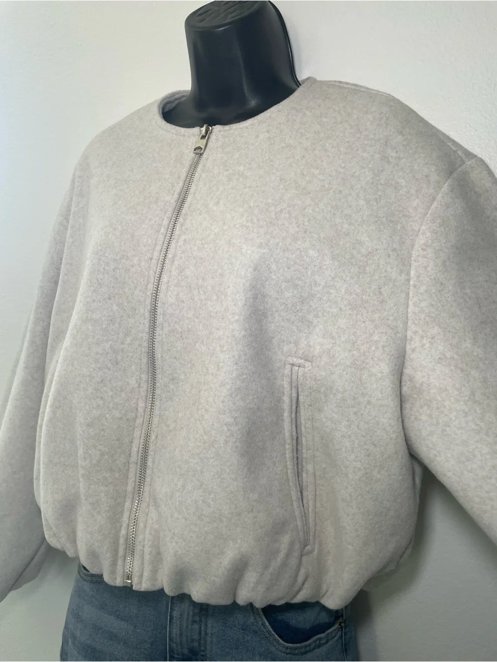 Zara Oatmeal Fleece Zip Bomber Jacket M Minimalist Quiet Luxury Balloon Sleeve
